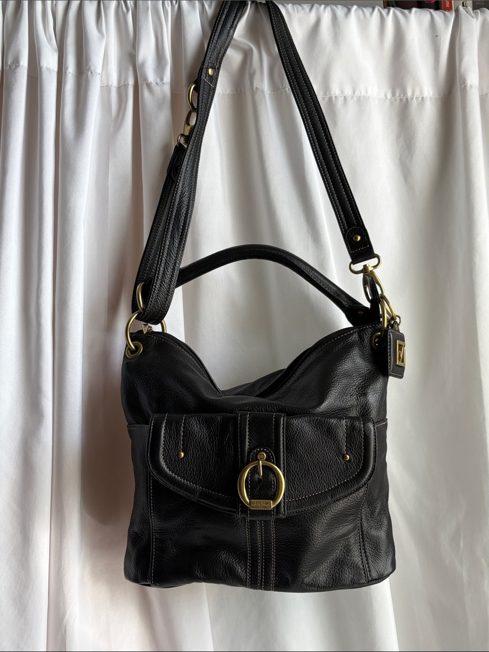 Stone Mountain Accessories Black Pebbled Leather Shoulder Bag with Gold Hardware